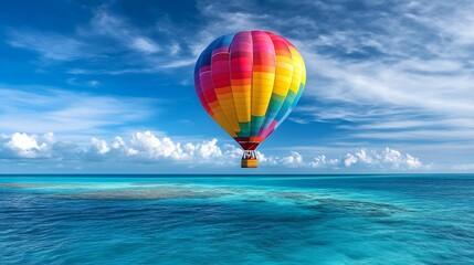 Fototapeta premium A vibrant hot air balloon floats above crystal-clear waters under a bright blue sky with fluffy clouds.