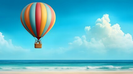 Fototapeta premium A colorful hot air balloon floats over a serene beach scene with gentle waves and fluffy clouds under a bright blue sky.