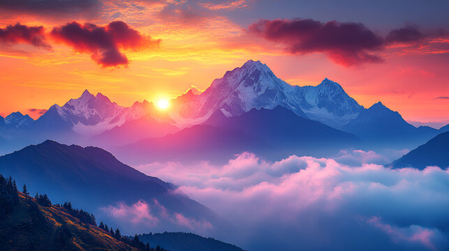 Majestic mountain peaks with colorful sunset, vibrant orange and pink clouds, dreamy alpine scene, epic twilight, mystical landscape