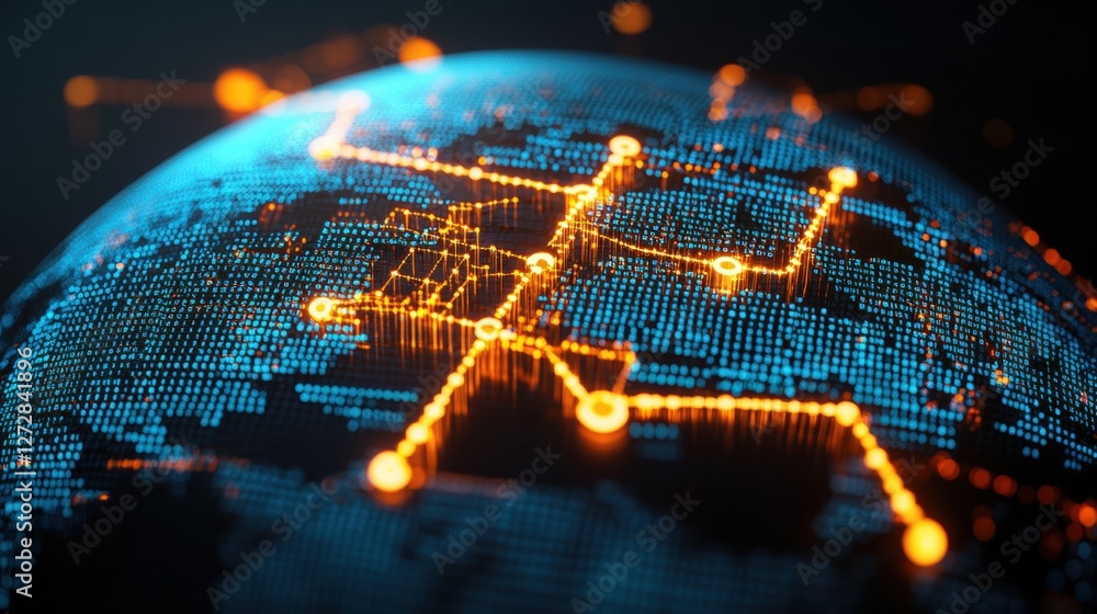 Aufkleber close up of a globe with blue and orange map illuminated by digital connections and network lines