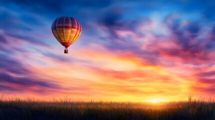 Obraz premium A colorful hot air balloon floats in a vibrant sunset sky, surrounded by soft clouds and a serene landscape.