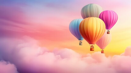 Obraz premium Colorful hot air balloons float above a dreamy pastel sky, creating a serene and uplifting atmosphere.