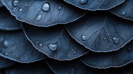 Obraz premium Close-up of layered dark leaves with water droplets