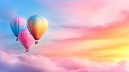 Fototapeta premium Colorful hot air balloons float gracefully in a pastel sky at sunset, surrounded by soft clouds, creating a serene and dreamy atmosphere.