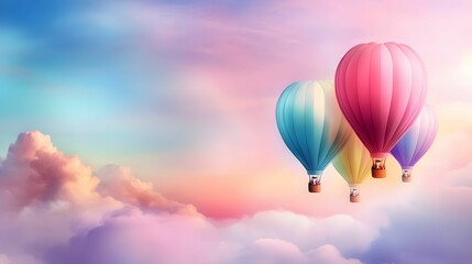 Fototapeta premium Colorful hot air balloons float gracefully against a pastel sky, creating a serene and dreamy atmosphere.