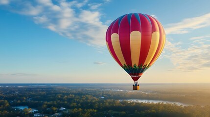Fototapeta premium A vibrant hot air balloon floats over a scenic landscape at sunset, showcasing a stunning view of nature and the sky.