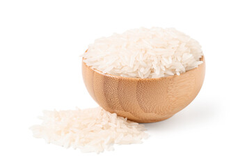 Wooden bowl with raw rice isolated on white background