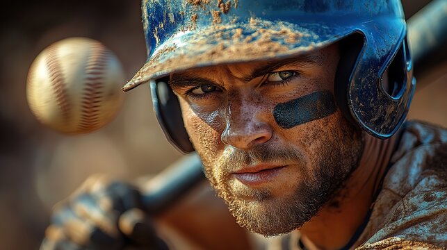 close up of baseball player hitting hard pitch at game