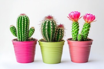 Red Cactus tree green trunk has sharp spikes around blooming in pots