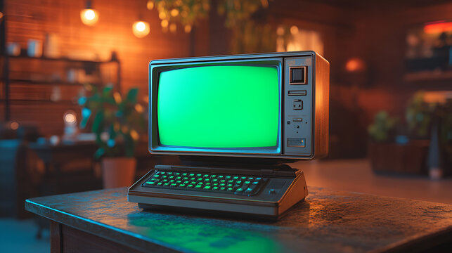 Retro computer with vintage keyboard, cozy desk, warm lighting, nostalgic tech, cyberpunk home office