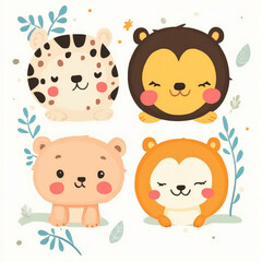 Naklejka premium Cute animal illustrations featuring leopard, lion, bear, and tiger with playful expressions. Perfect for children decor or educational materials