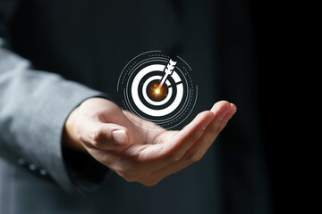 Business target and goals. Analytical businessperson planning business growth, strategy digital marketing, profit income, economy, stock market trends and business, technical analysis strategy