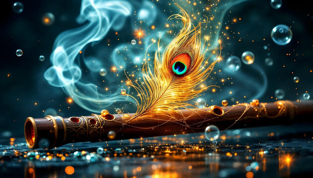 flute and a peacock feather. Generative AI