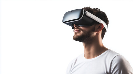 Man in white T Shirt using VR set to explore Virtual Reality