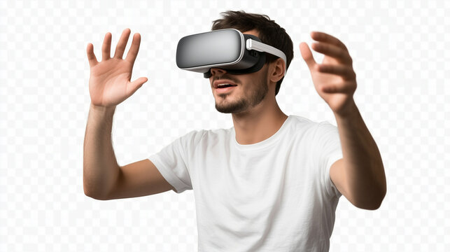 Man in white T Shirt using VR set to explore Virtual Reality