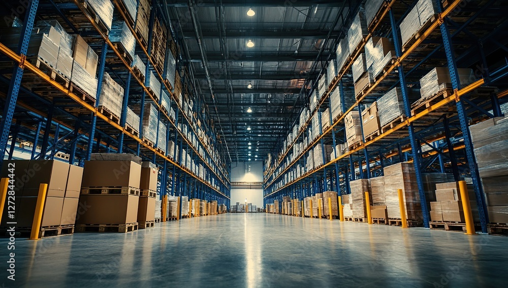 Aufkleber exploring a modern warehouse: rows of high bay racking and pallets, efficient storage system design 