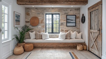 coastal style entrance hall with stone wall,rustic wood accents