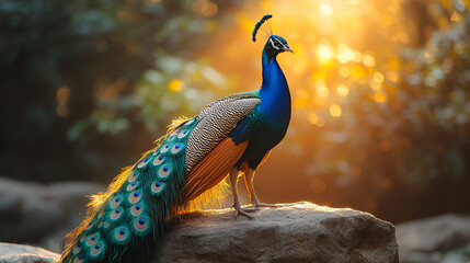 Majestic peacock with vibrant plumage, regal bird, wildlife portrait, sunlit environment, exotic beauty