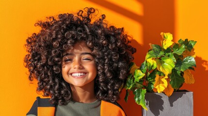 Young girl and woman with curly hair smiling against an orange background in a cheerful setting