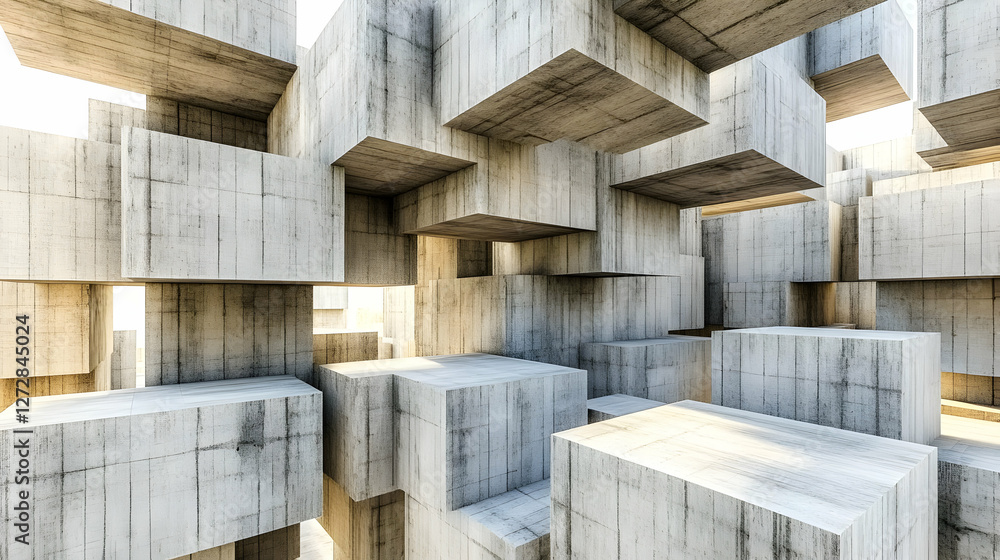 Poster abstract concrete blocks structure, daylight. architecture design background