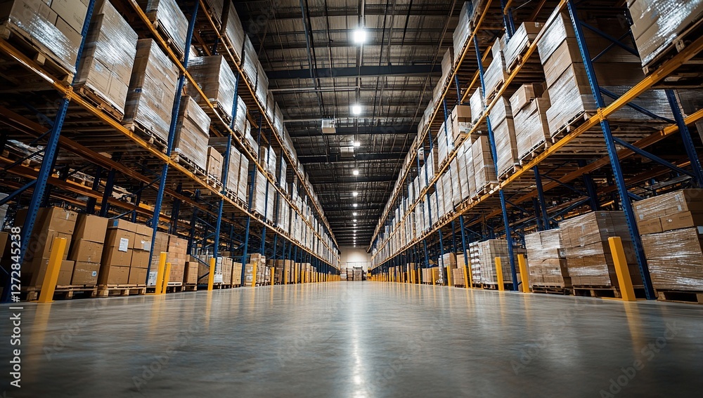 Poster exploring a vast warehouse: rows of pallets stacked high with cardboard boxes in a modern distributi