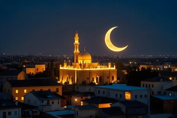 Fototapeta premium Ramadan decoration background, lantern and mosque with sunset sky background
