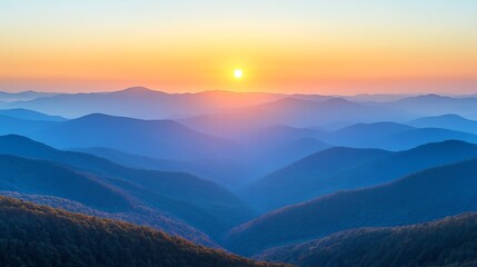 Obraz premium Serene Sunset Mountainscape: Warm golden light bathes rolling blue hills in peaceful ambiance. AI Generated