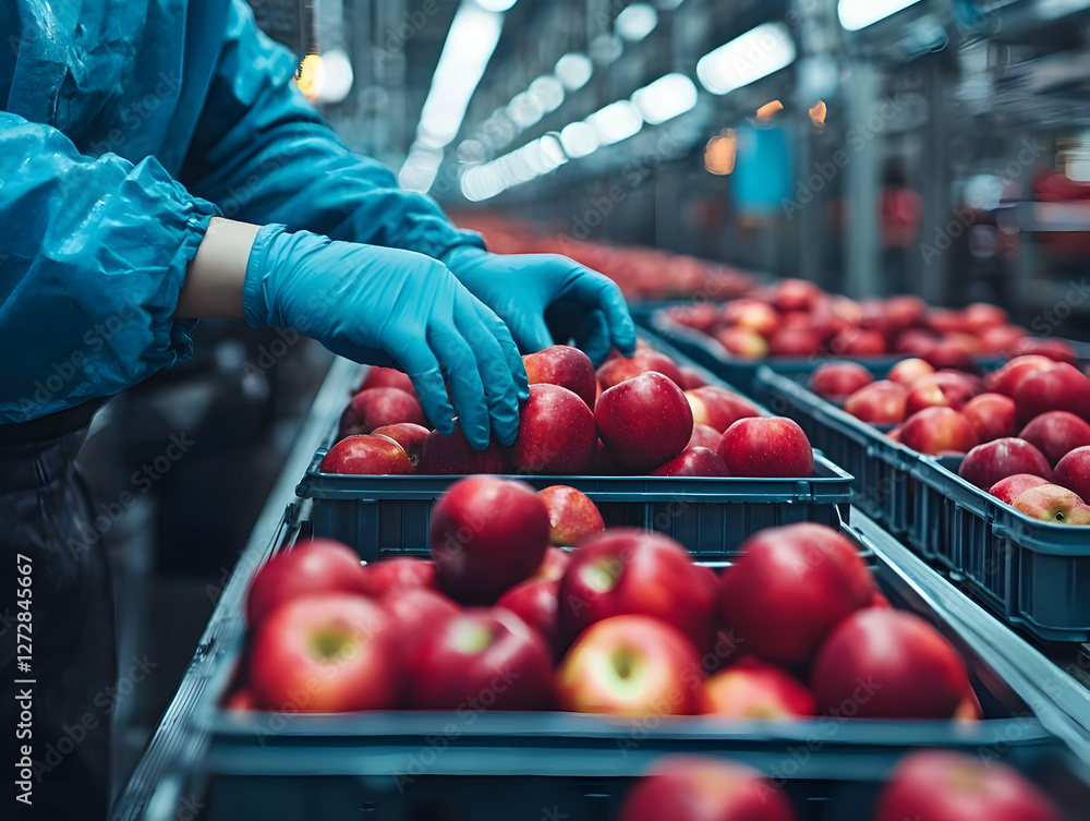 Poster worker sorting apples on conveyor belt in factory