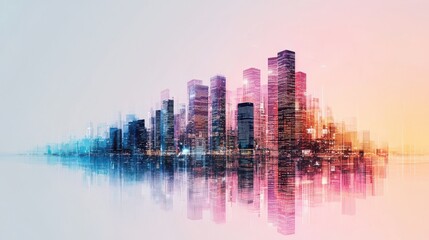 Fototapeta premium AI Startup Anthropic type. Abstract city skyline with colorful hues and reflections.