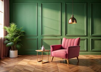 Bright Room Interior Mockup: Green Wall, Wooden Floor, Pink Armchair