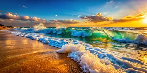 Naklejka premium Close-Up Ocean Waves Crashing on Sandy Beach Shore