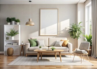 Cozy Living Room Interior Design: Comfortable Couch & Coffee Table with Blank Banner Space for Text