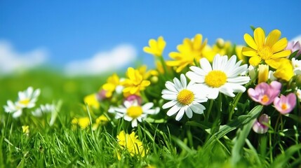 Sunny meadow wildflowers blooming, spring freshness