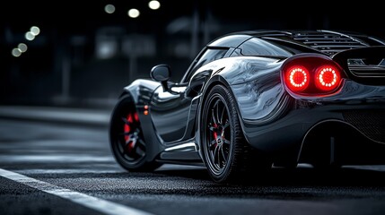 Glossy black sports car at night