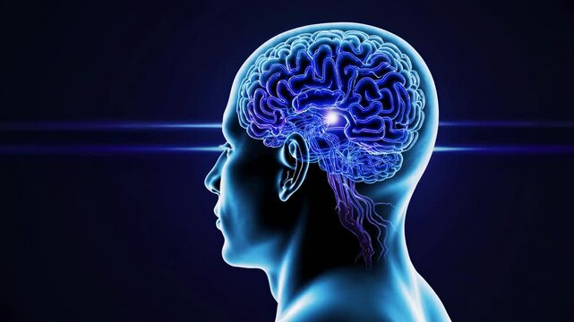 Side view of a glowing human brain illustration on a dark background, resembling a futuristic video concept with a focus on neural pathways.