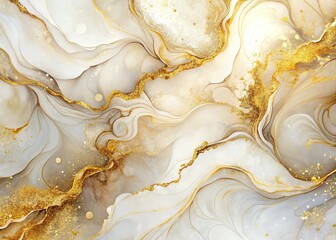 Elegant White & Gold Alcohol Ink Art: Abstract Swirl Background Texture