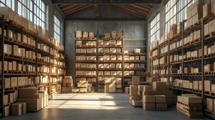 Sunlight streams through the warehouse windows illuminating rows of stacked cardboard boxes