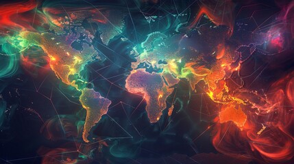A vibrant and abstract representation of the world map, showcasing neon colors and dynamic swirling patterns.