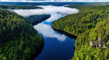 Naklejka premium An aerial view of a winding river in the forest