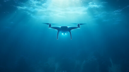 Underwater Drone Exploration of the Deep Blue Sea with Sun Rays Illuminating Submerged Marine Scenery.
