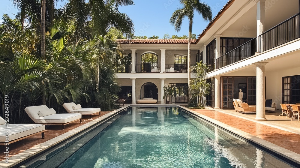Poster minimalist tropical house. the pool is in the center of the house dividing public and more private s