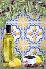 Olive branches and Tapenade sauce on the Italy-Greek glazed Tiles Background