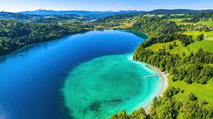 Obraz premium An aerial view depicts a stunning lake and its surroundings