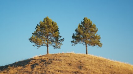 Obraz premium Two pine trees stand sentinel atop a sunlit hill against a clear blue sky