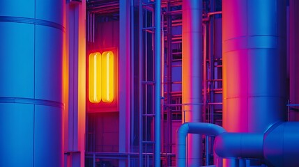 Obraz premium Illuminated industrial facility interior with vibrant lighting.