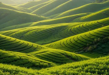 Fototapeta premium Lush Green Tea Plantations Rolling Hills Landscape in the Golden Morning Sunlight