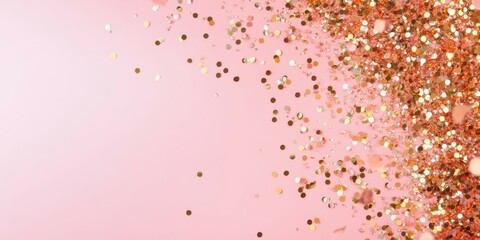 Fototapeta premium Sparkling Celebration: A shower of shimmering gold confetti cascades gracefully against a soft pink backdrop, creating a sense of festive elegance and joy.