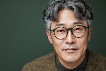Fototapeta premium portrait of a middle age korean man wearing glasses, studio lighting, Emerald green and beige style