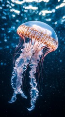 Vibrant jellyfish floating underwater with bioluminescent tentacles in blue ocean depths