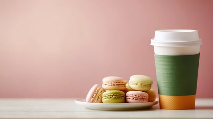 Macarons and Coffee: A delectable assortment of pastel-colored macarons arranged on a pristine plate, complemented by a steaming coffee cup, creating a delightful scene.